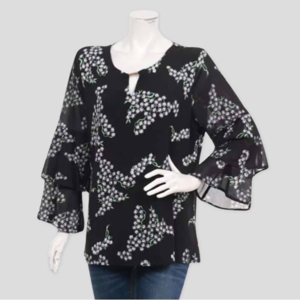 JM Collection Black Floral Print Bell Sleeve Blouse Size L